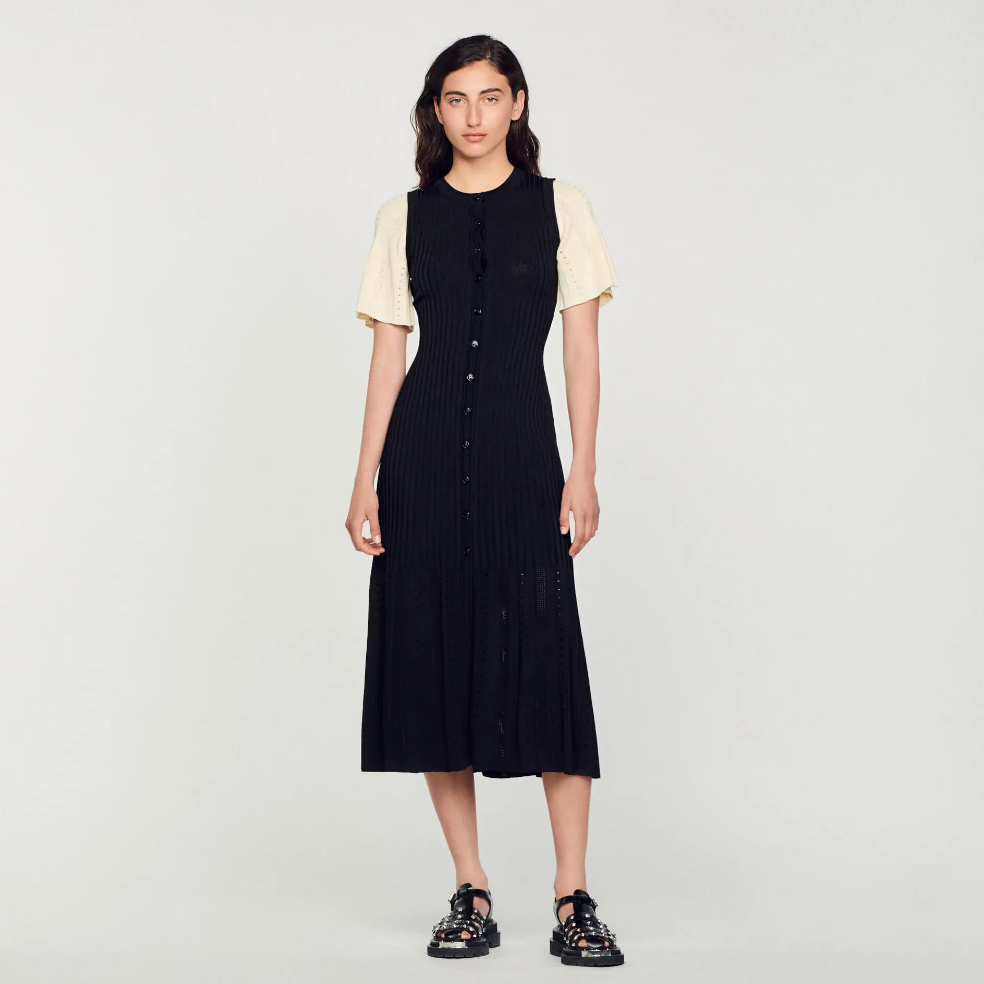 Halflange Tweekleurige Tricot Jurk
