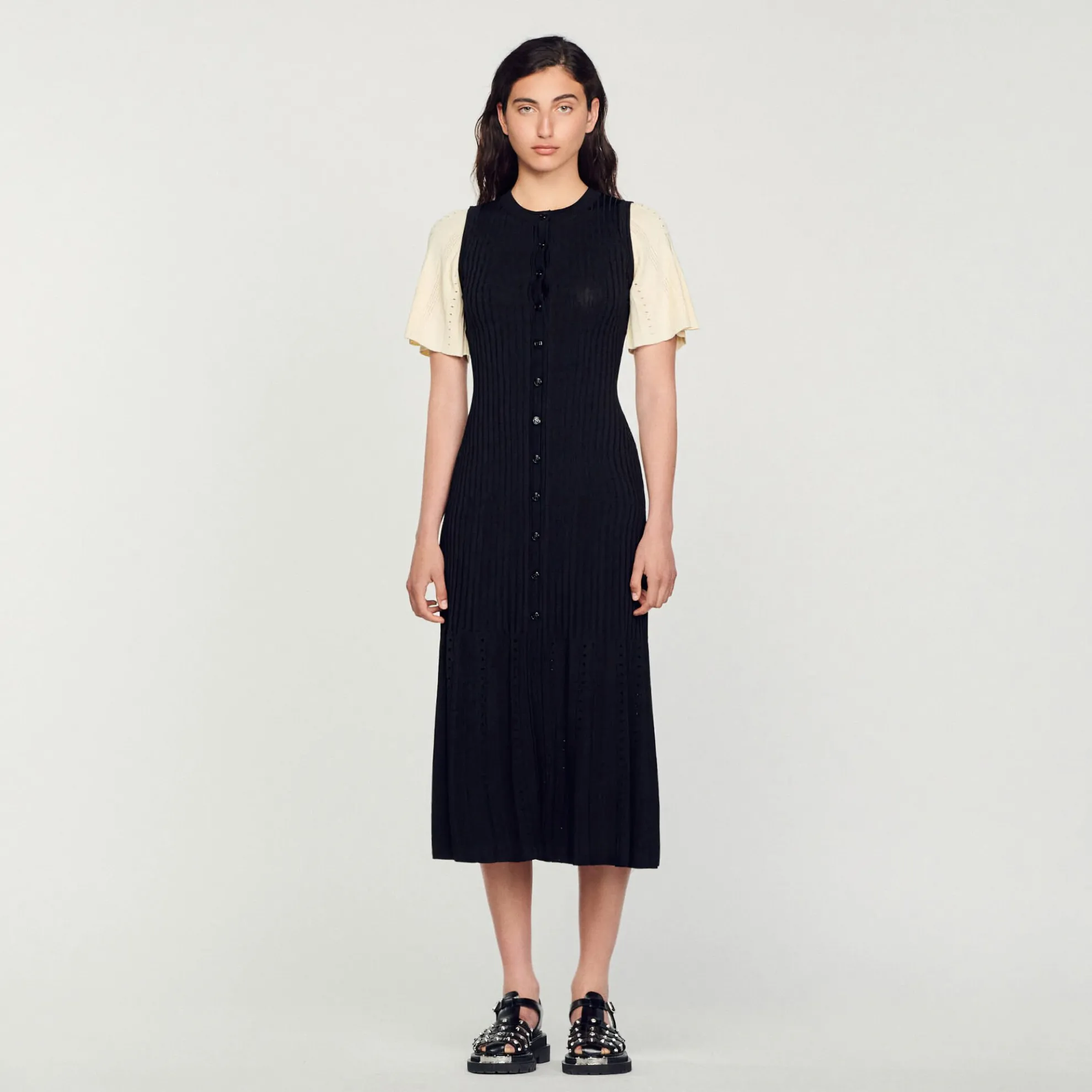 Halflange Tweekleurige Tricot Jurk