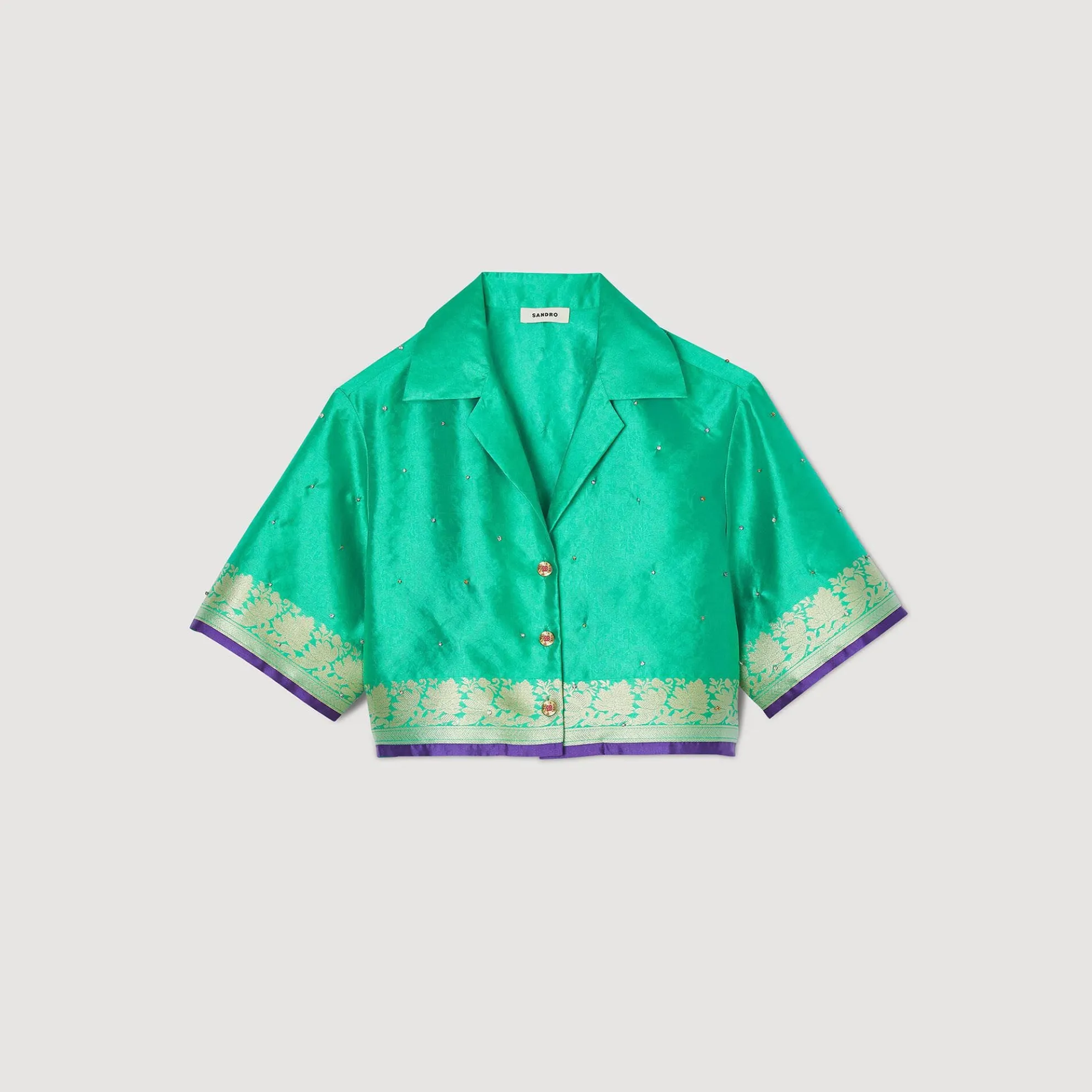 Korte Overhemdblouse Jacquard Met Stras