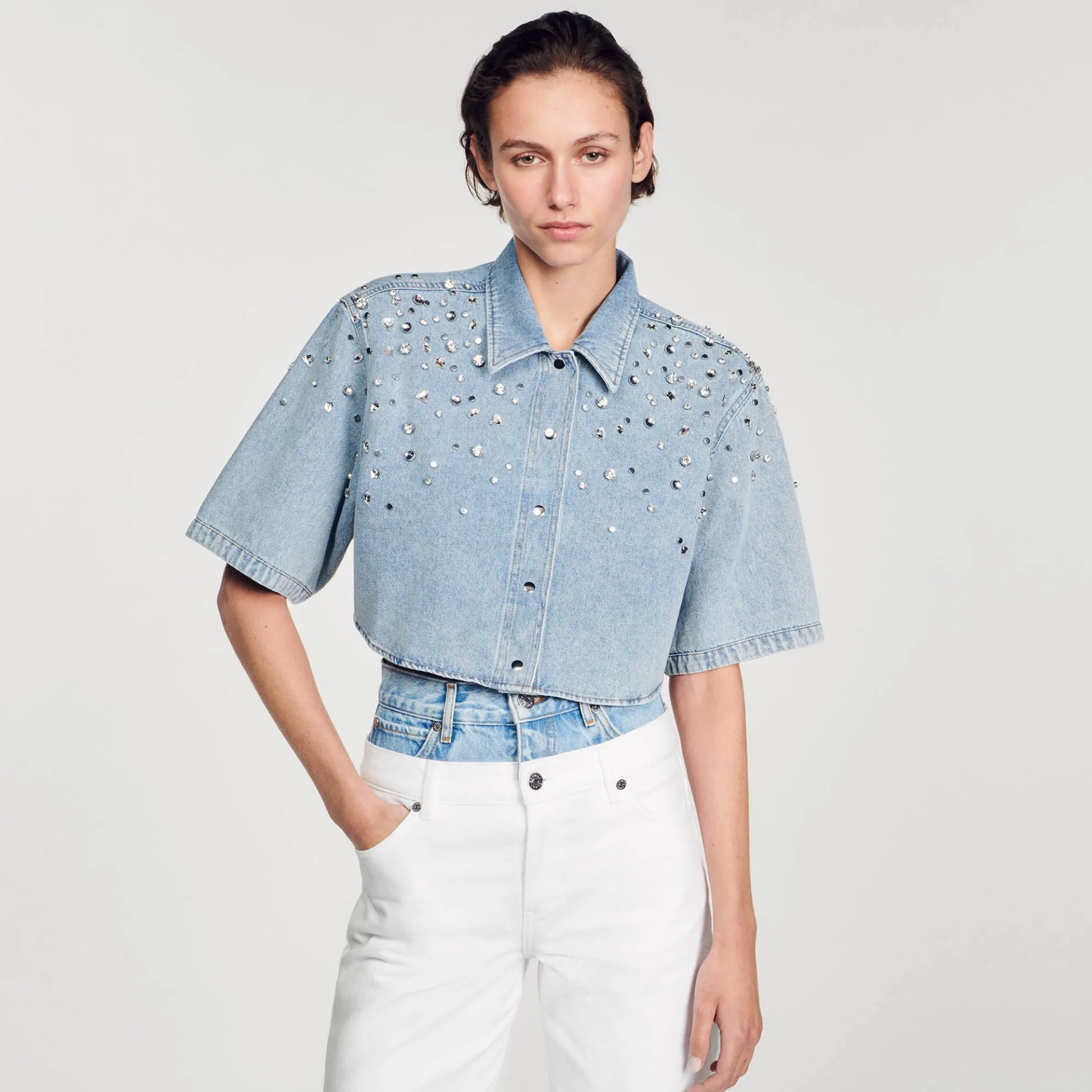 Korte Overhemdblouse Met Stras
