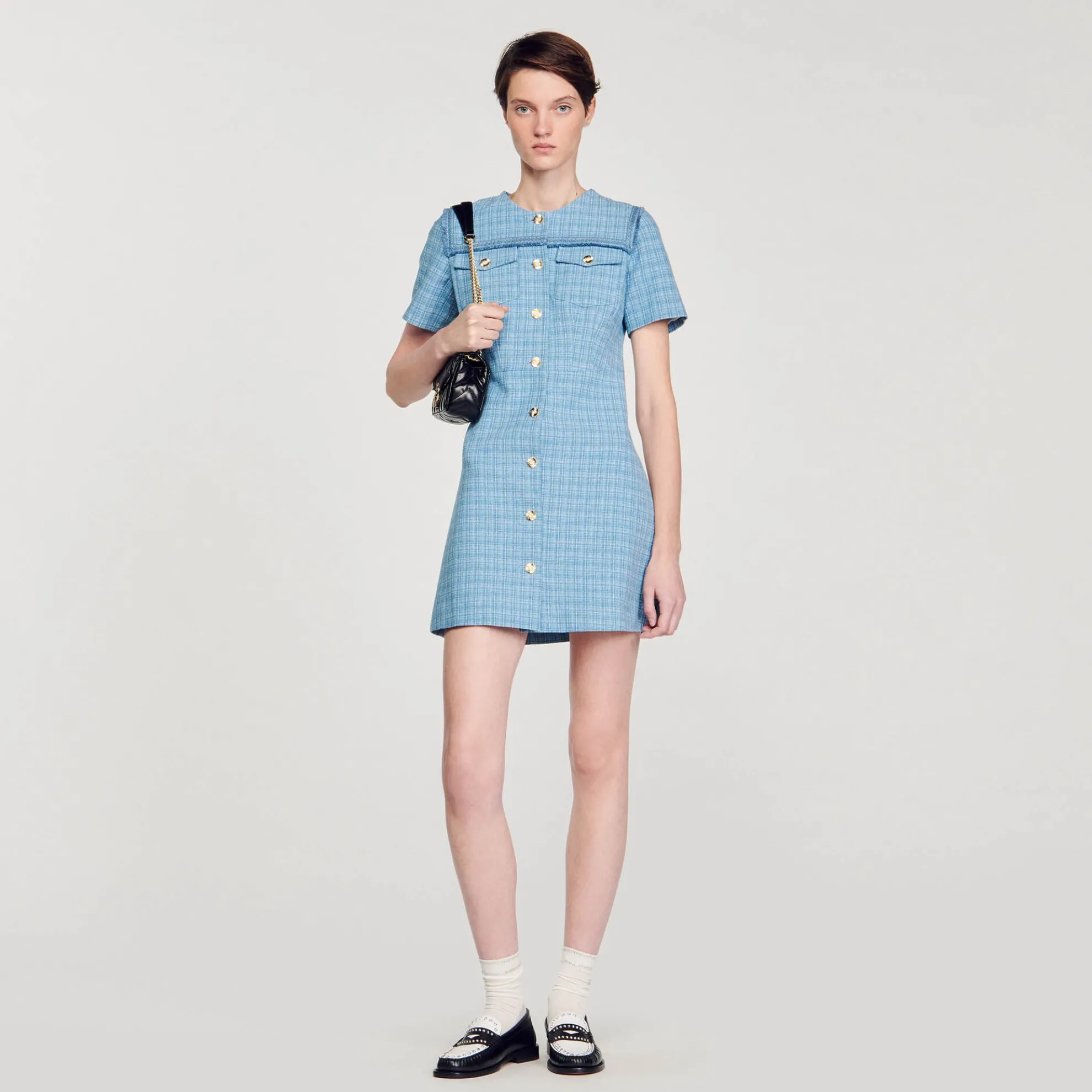 Korte Tweed Jurk Met Knoopsluiting