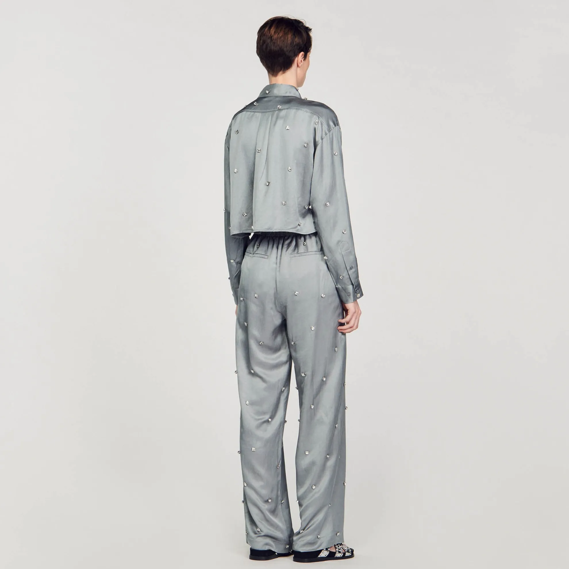 Satijnachtige Overhemdblouse Met Stras